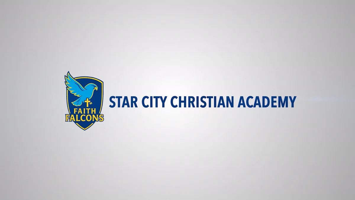 Opening frame of the Star City Christian Academy introduction film, showing the Faith Falcons crest